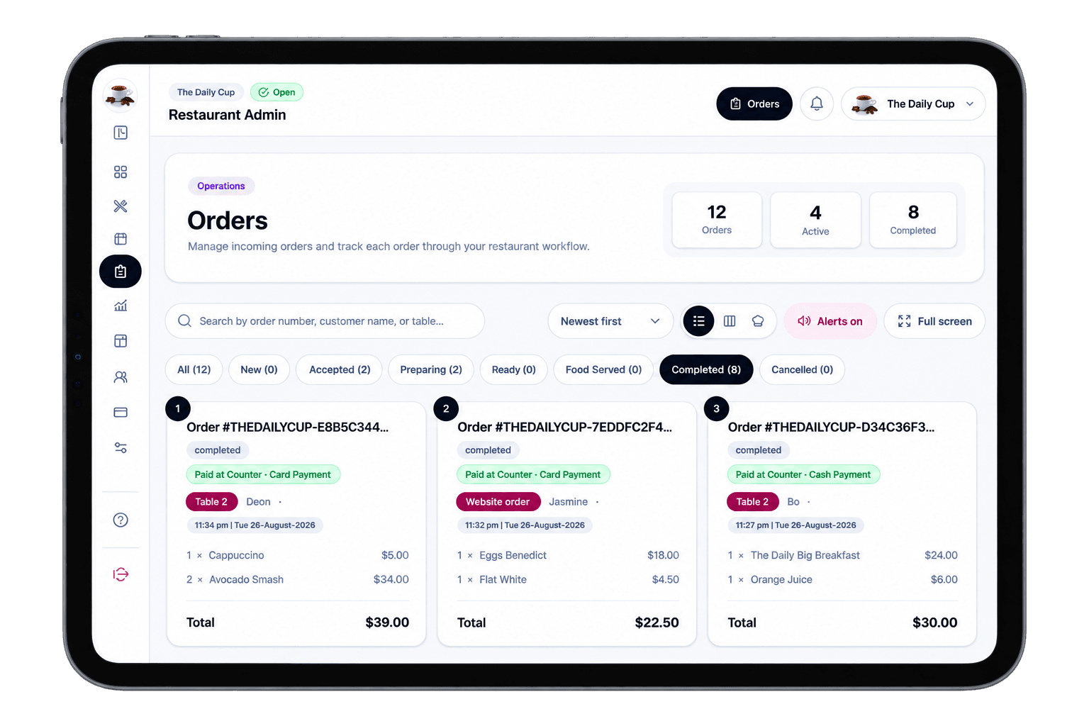 Food Order Lane restaurant orders dashboard on iPad
